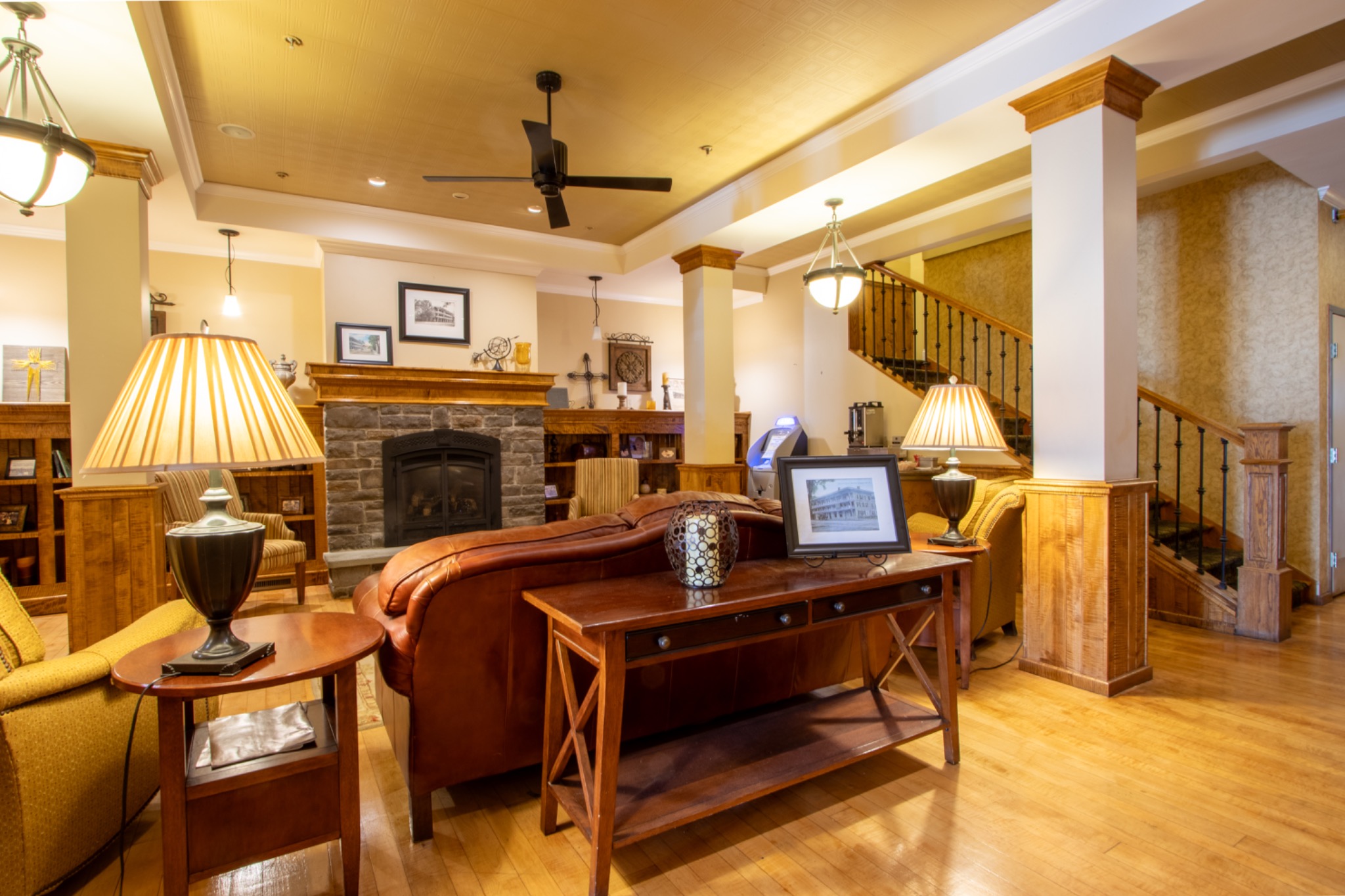 Hotel lobby with fireplace at Hancock House Hotel