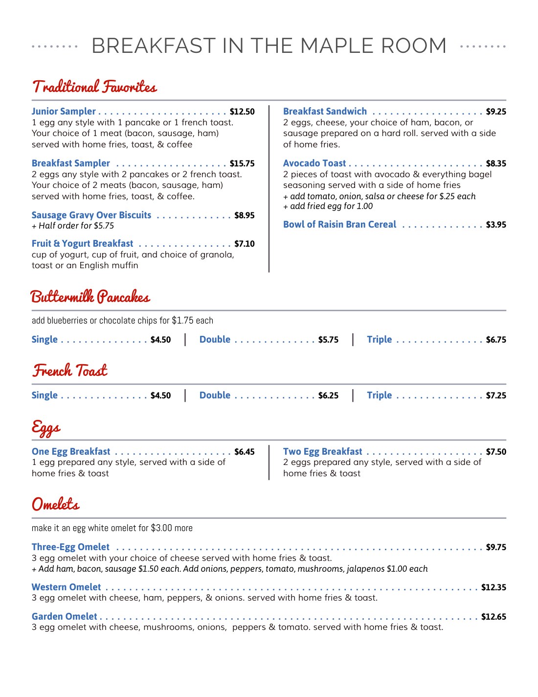 Breakfast in the Maple Room menu preview